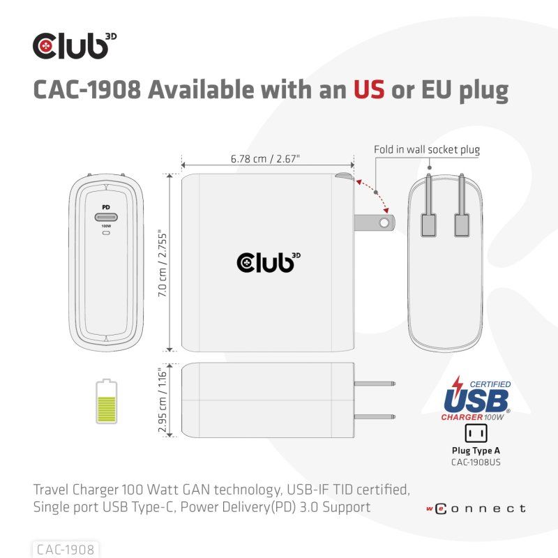 CLUB3D Travel Charger 100 Watt GAN technology, USB-IF TID certified, Single port USB Type-C, Power Delivery(PD) 3.0