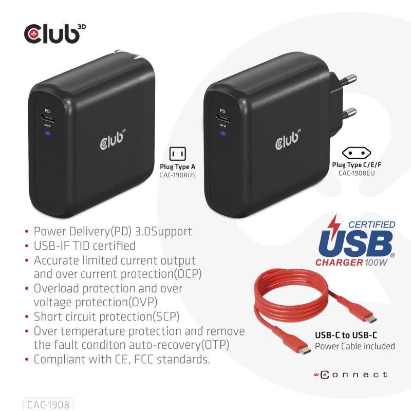 Club3D Ladegerät 1xUSB Typ C PD 100W. GaN retail