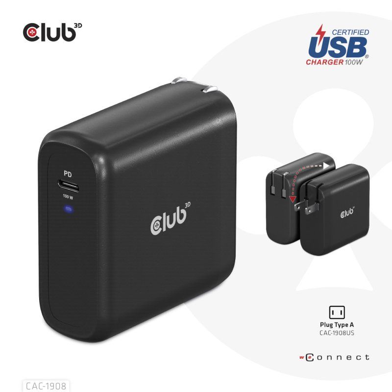 CLUB3D Travel Charger 100 Watt GAN technology, USB-IF TID certified, Single port USB Type-C, Power Delivery(PD) 3.0