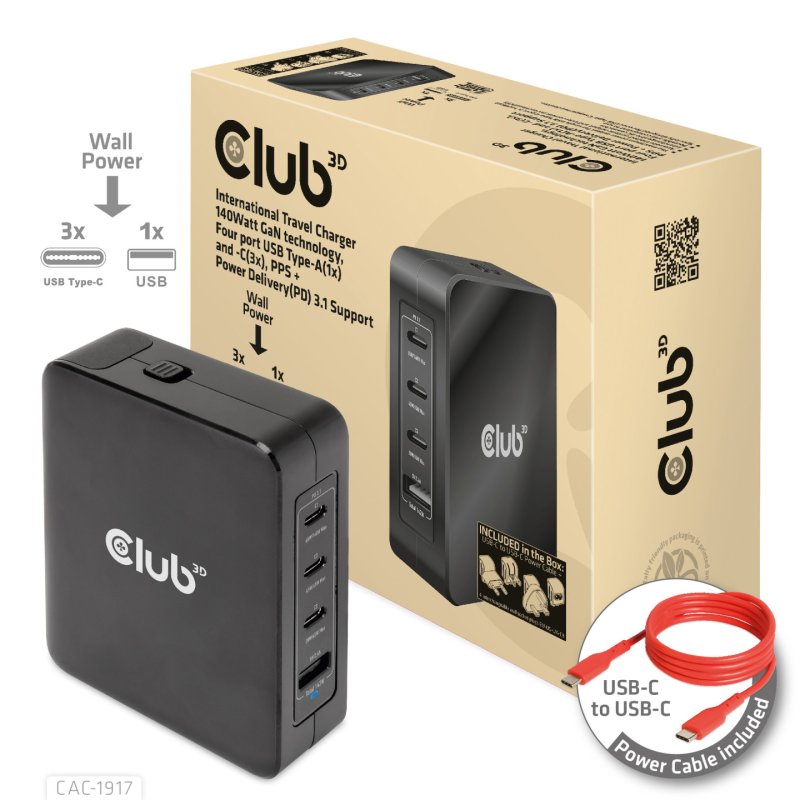 Club3D Ladegerät 3xUSB Typ C. 1xUSB Typ A. PD 140W. GaN retail