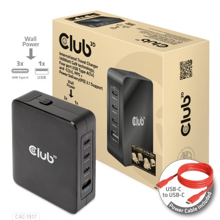 Club3D Ladegerät 3xUSB Typ C. 1xUSB Typ A. PD 140W. GaN retail