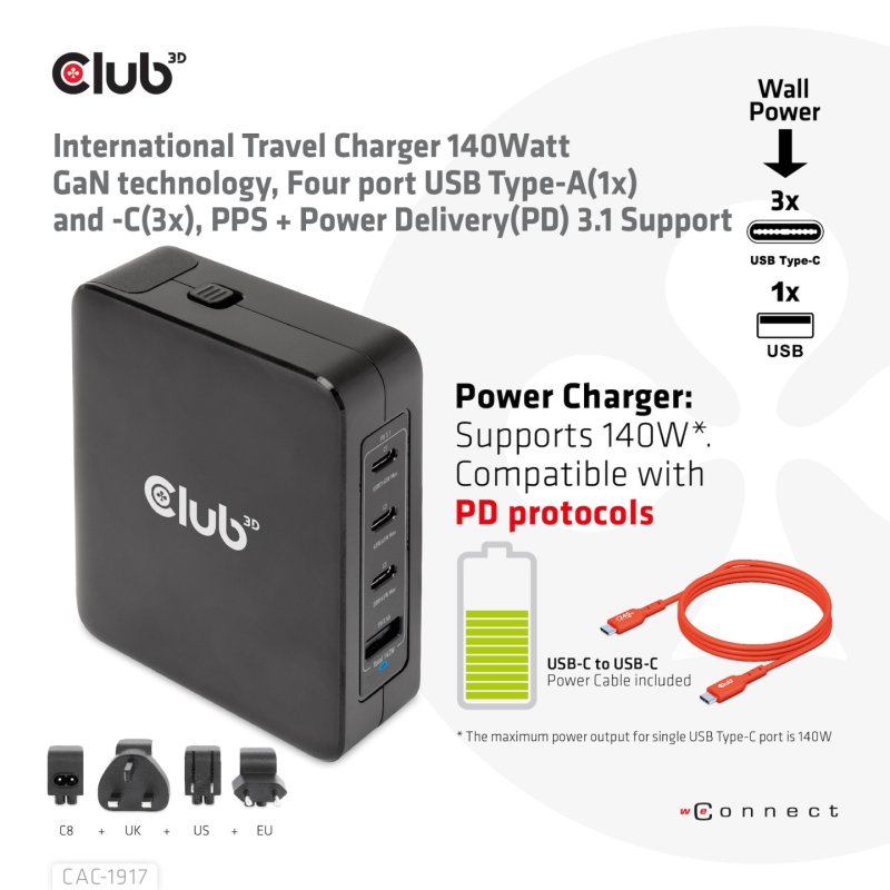 CLUB3D International Travel Charger 140W GaN technology, Four port USB Type-A(1x) and -C(3x), PPS Power Delivery(PD)