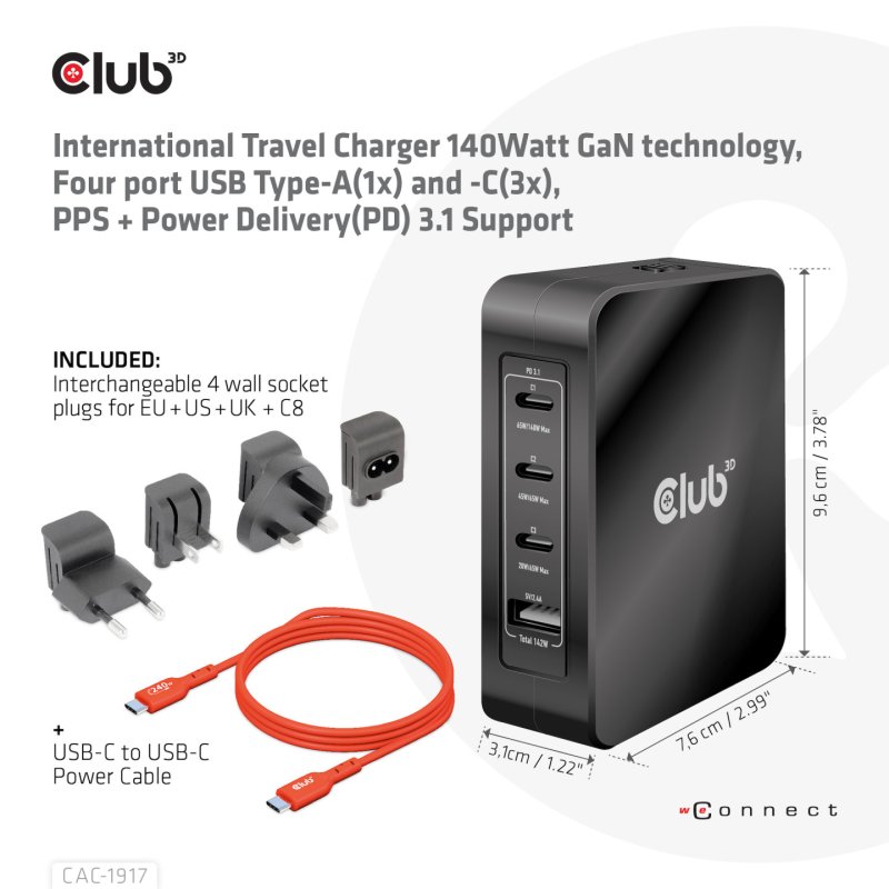 Club3D Ladegerät 3xUSB Typ C. 1xUSB Typ A. PD 140W. GaN retail