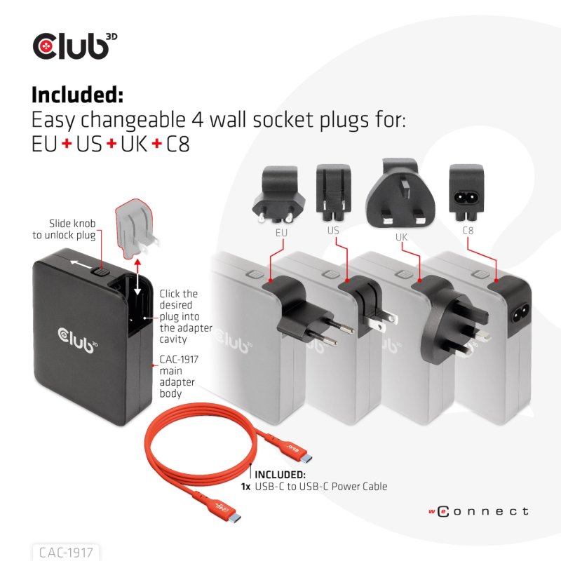 Club3D Ladegerät 3xUSB Typ C. 1xUSB Typ A. PD 140W. GaN retail