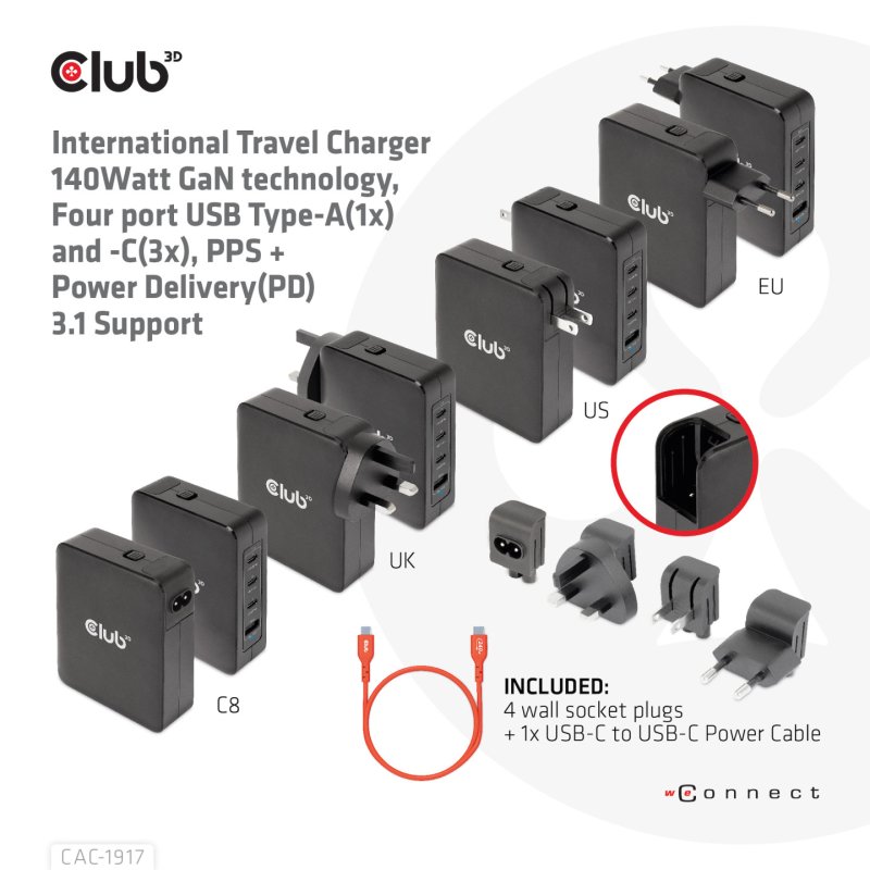 CLUB3D International Travel Charger 140W GaN technology, Four port USB Type-A(1x) and -C(3x), PPS Power Delivery(PD)