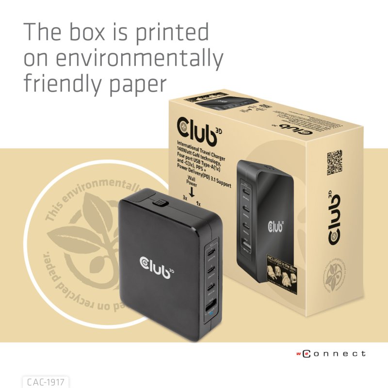 Club3D Ladegerät 3xUSB Typ C. 1xUSB Typ A. PD 140W. GaN retail