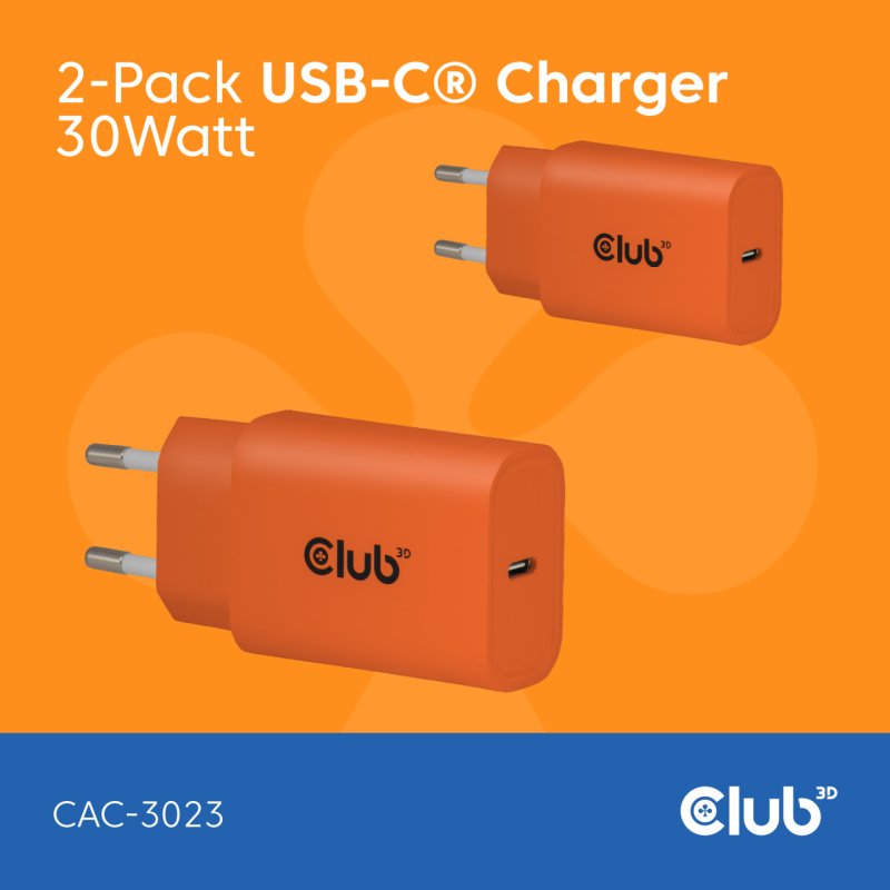 Club3D Lifestyle Ladegerät USB-C 30Watt. 2Stk orange retail