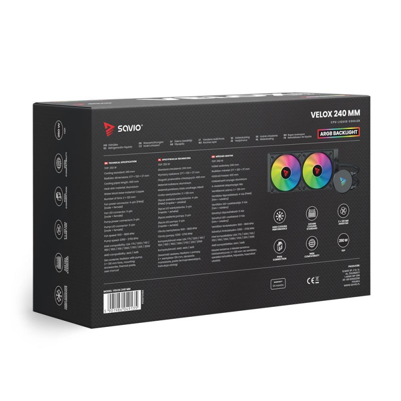 Savio VELOX 240 mm Computer case Liquid cooling kit 12 cm Black 1 pc(s)