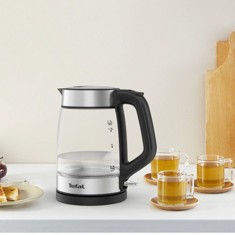 Tefal Glass Kettle KI605830 bouilloire 1,7 L 2200 W Noir, Argent, Transparent