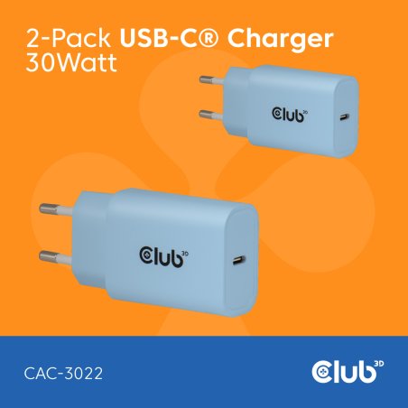 Club3D Lifestyle Ladegerät USB-C 30Watt. 2Stk blau retail