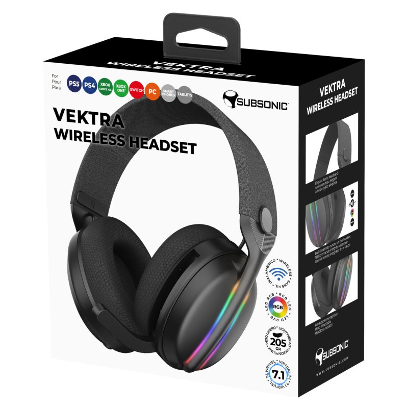 Subsonic TITRE - Vektra casque gaming sans fil pour PS5 PS4 PC Xbox Switch, casque gamer à LED avec hauts parleurs