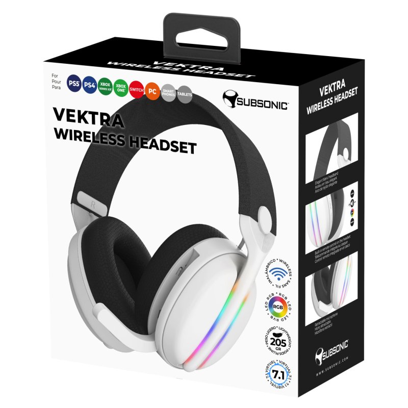 Subsonic - Vektra casque gaming sans fil pour PS5 PS4 PC Xbox Switch, casque gamer à LED avec hauts parleurs 7.1,