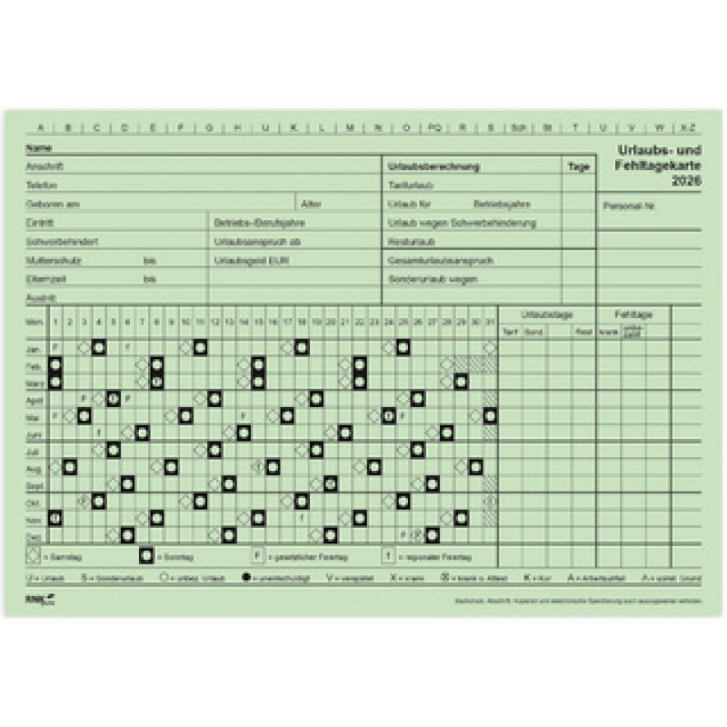 RNK Verlag Urlaubs- und Fehltagekarte 2026, DIN A5 quer