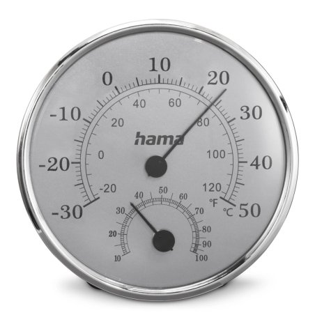 Hama (Saipan) Analogue Thermo/Hygrometer - Thermometer, Hygrometer, Comfort Indicator, Stainless Steel, Silver/Grey
