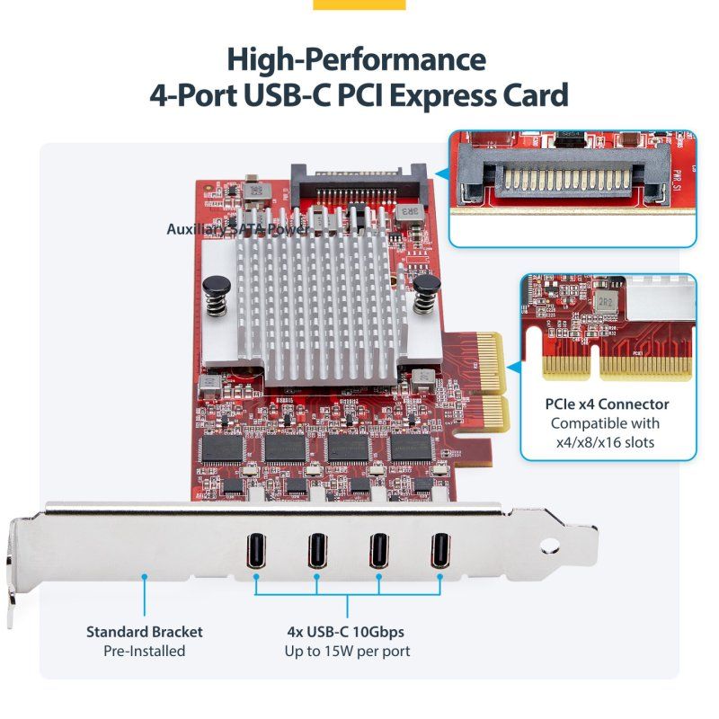 StarTech.com 4-Port USB Type-C PCIe Card, USB 3.2 10Gbps, USB-C PCI Express Expansion Card, 4x Independent USB
