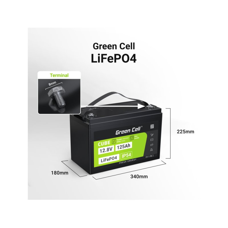 Green Cell Žalias Cell CUBE LiFePO4 125Ah 12 8V 1600Wh liio geležies fosfato baterija kemperiui sauls energijai 