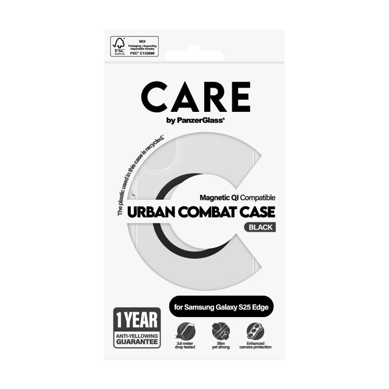 PanzerGlass CARE by Flagship Case Transparent Urban Combat w. Black Qi Compatible Samsung S25 Edge