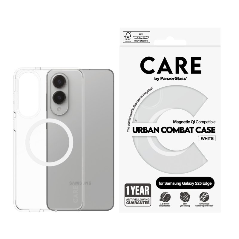 PanzerGlass CARE by Flagship Case Transparent Urban Combat w. White Qi Compatible Samsung S25 Edge coque de protection