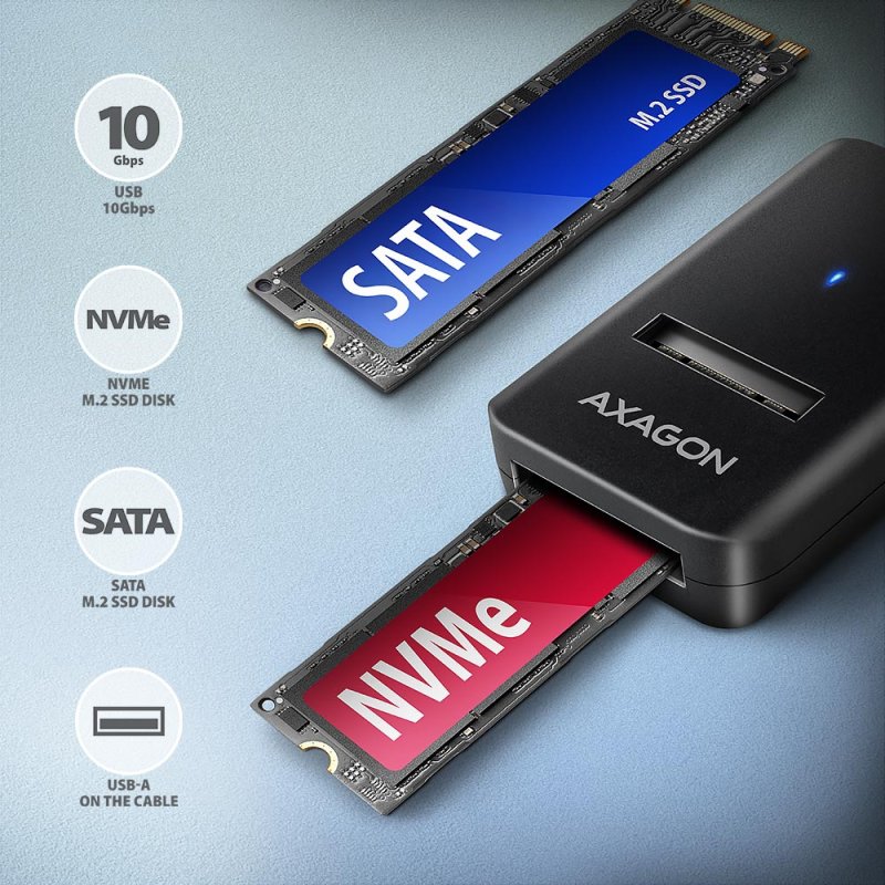 Adaptateur USB 3.2 Axagon ADM2-AM vers M.2 S-ATA/NVMe auto-alimenté
