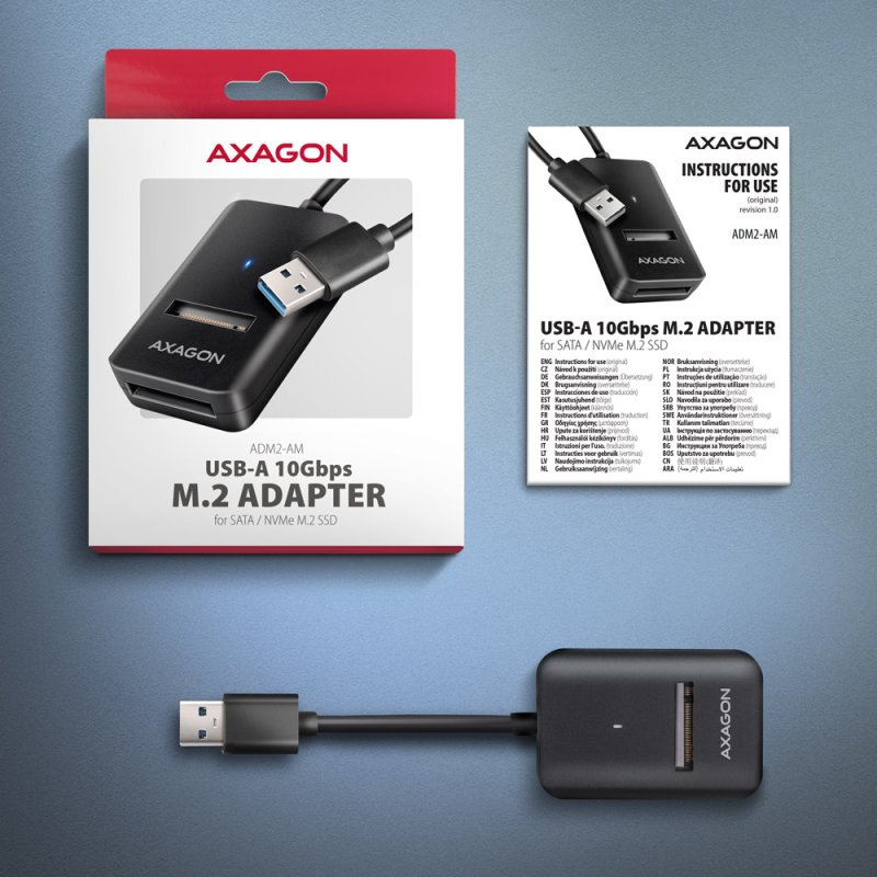 Adaptateur USB 3.2 Axagon ADM2-AM vers M.2 S-ATA/NVMe auto-alimenté