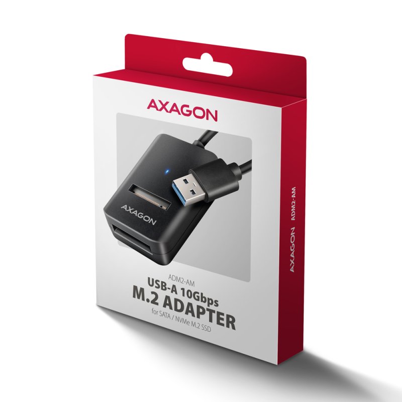 Axagon ADM2-AM USB-A 10Gbps - M.2 NVMe & SATA SSD adaptér, kabelis USB-A 10cm SSD enclosure Black