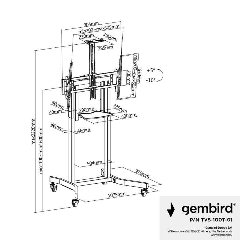 Gembird Stojak pod tv z regulacj wysokoci mobilny 55-100 cali
