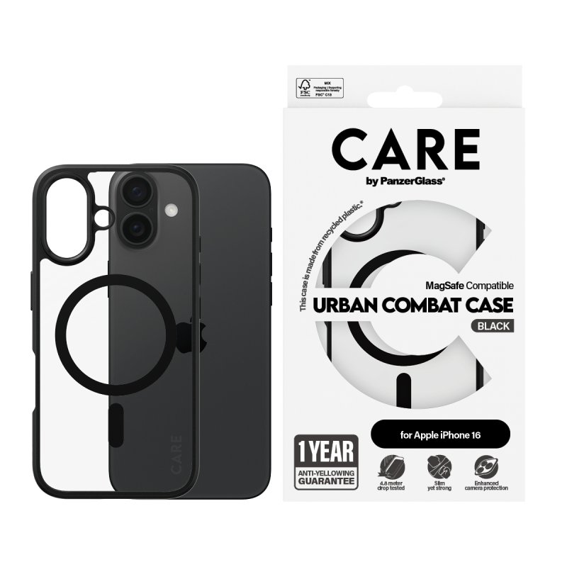 PanzerGlass CARE by Flagship Case Transparent Urban Combat w. Black Frame & MagSafe iPhone 16