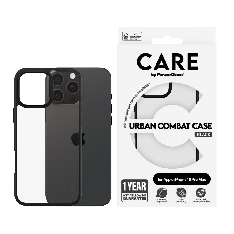 PanzerGlass CARE by Flagship Case Transparent Urban Combat w. Black Frame iPhone 16 Pro Max