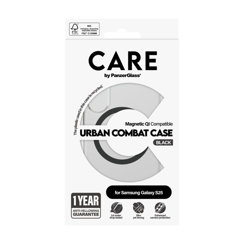 PanzerGlass CARE by Flagship Case Transparent Urban Combat w. Black Qi Compatible Samsung Galaxy S25 coque de