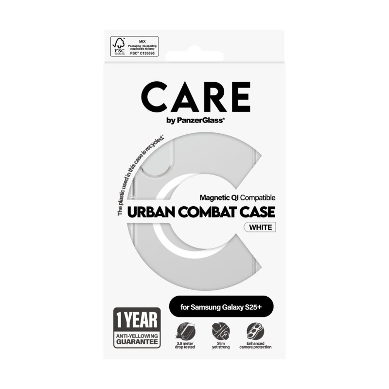 PanzerGlass CARE by Flagship Case Transparent Urban Combat w. White Qi Compatible Samsung Galaxy S25 