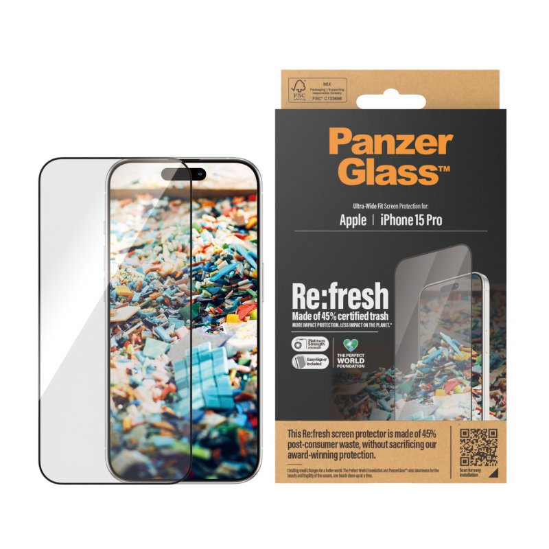 PanzerGlass Re:fresh Screen Protector iPhone 15 Pro | Ultra-Wide Fit w. EasyAligner Protection d'écran transparent