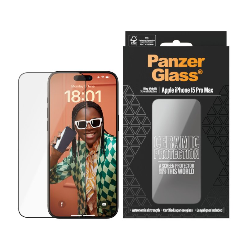 PanzerGlass Ceramic Protection for iPhone 15 Pro Max | Ultra-Wide Fit w. EasyAligner Protection d'écran transparent
