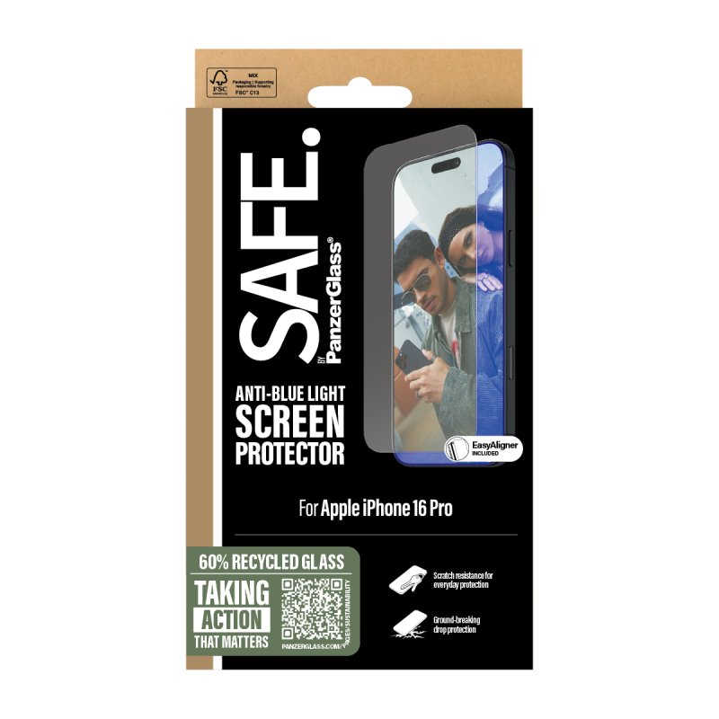 PanzerGlass SAFE. by Anti-Blue Light Screen Protector iPhone 16 Pro | Ultra-Wide Fit