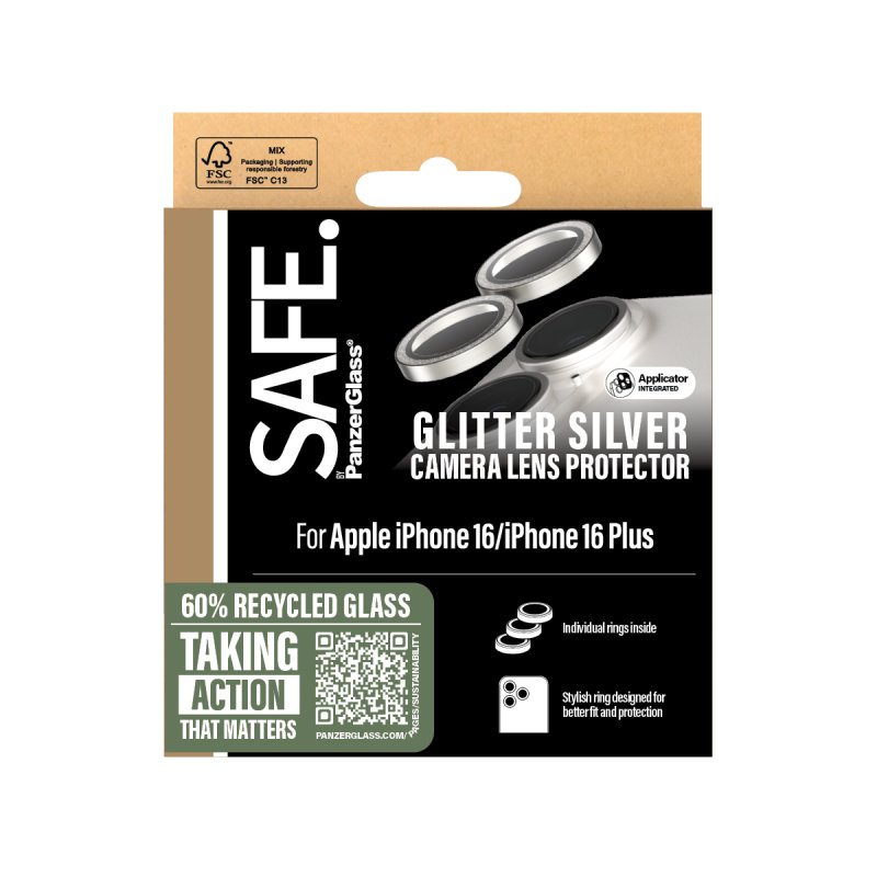 PanzerGlass SAFE. by Camera Lens Protector Glitter Silver iPhone 16 | 16 Plus