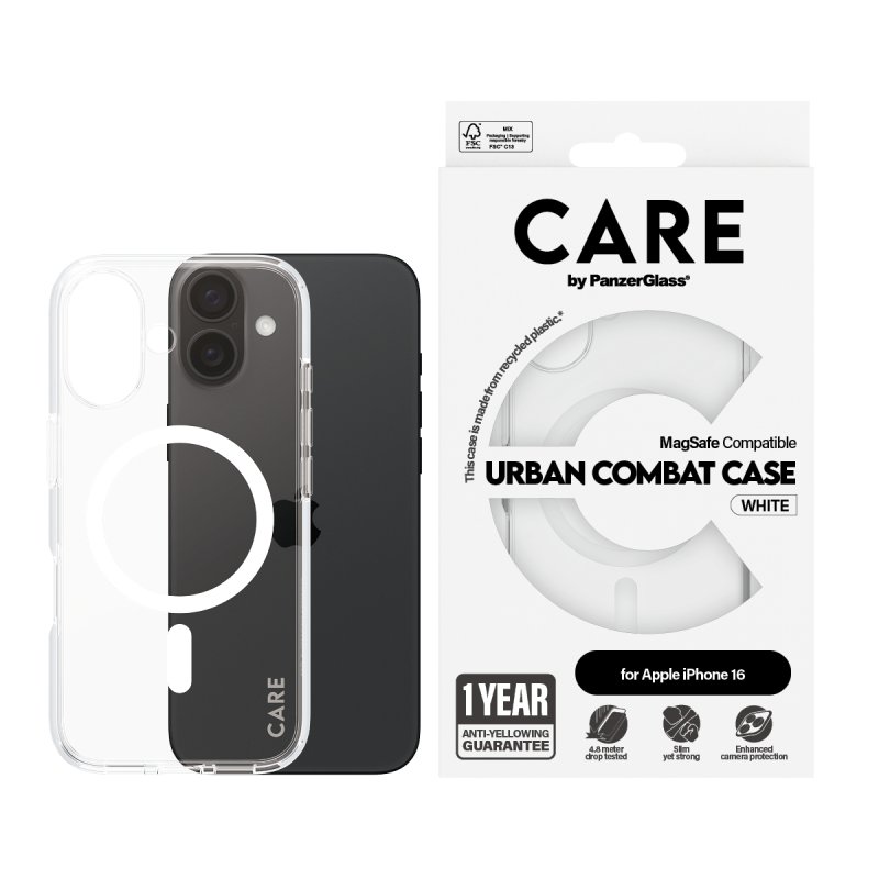 PanzerGlass CARE by Flagship Case Transparent Urban Combat w. White MagSafe iPhone 16