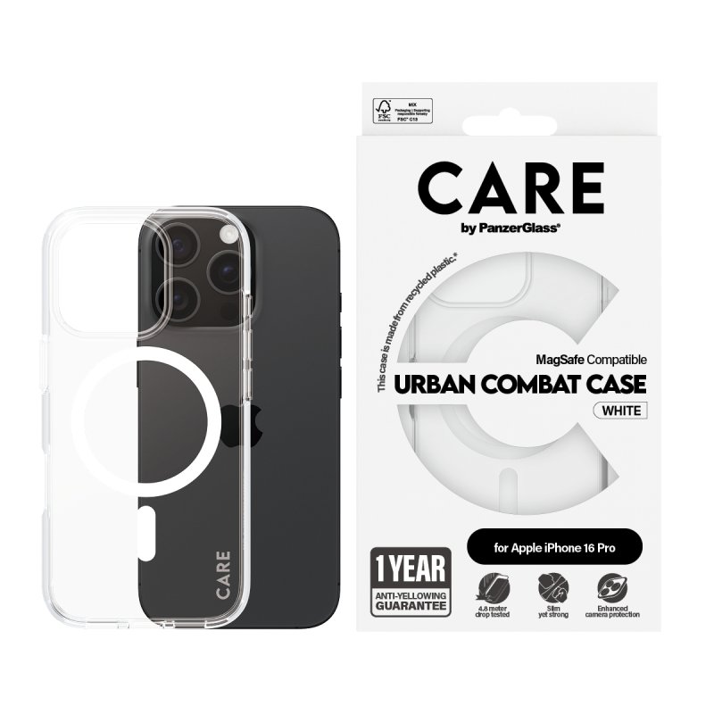 PanzerGlass CARE by Flagship Case Transparent Urban Combat w. White MagSafe iPhone 16 Pro