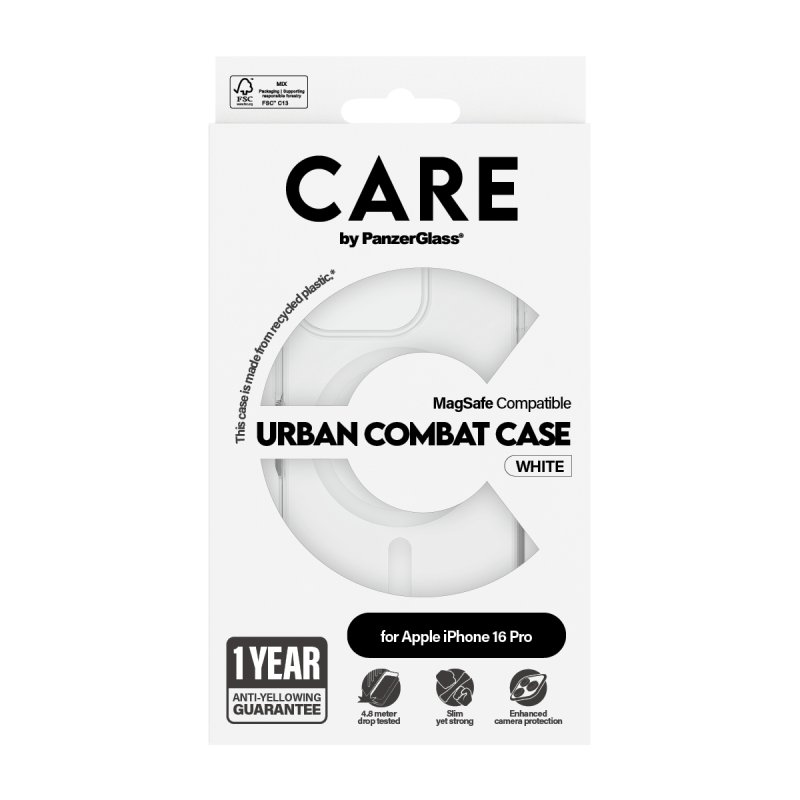 PanzerGlass CARE by Flagship Case Transparent Urban Combat w. White MagSafe iPhone 16 Pro coque de protection pour
