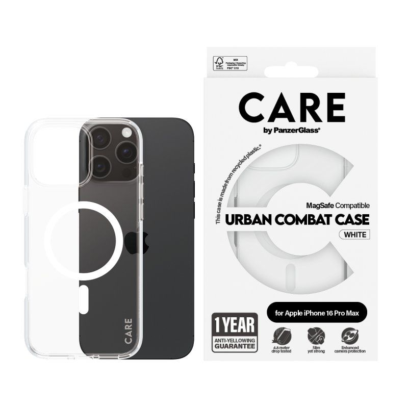 PanzerGlass CARE by Flagship Case Transparent Urban Combat w. White MagSafe iPhone 16 Pro Max coque