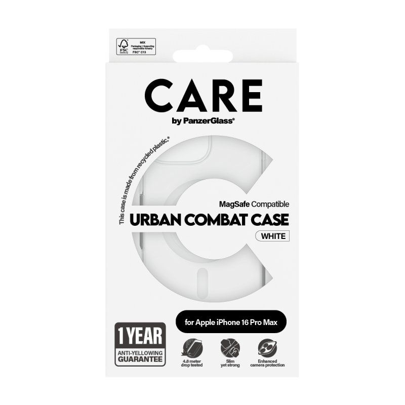 PanzerGlass CARE by Flagship Case Transparent Urban Combat w. White MagSafe iPhone 16 Pro Max coque