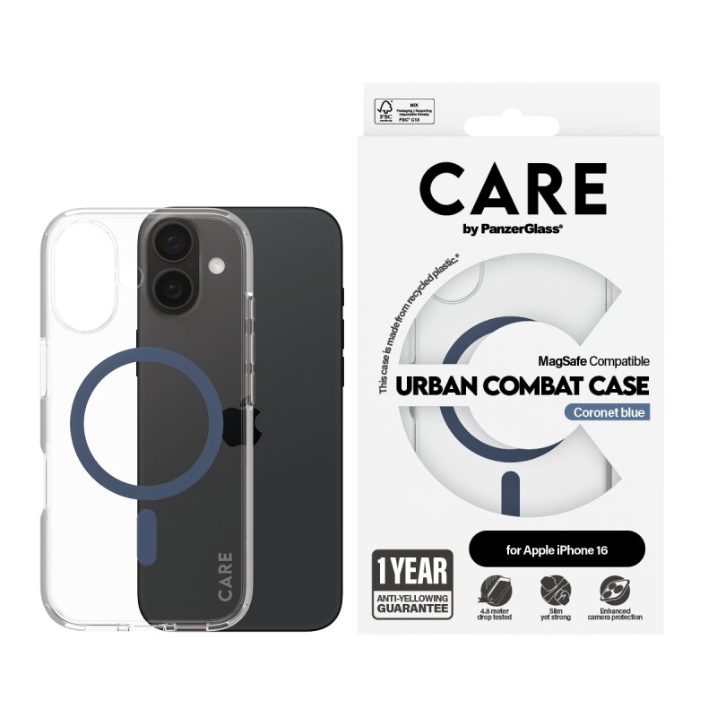 PanzerGlass CARE by Flagship Case Transparent Urban Combat w. Blue MagSafe iPhone 16