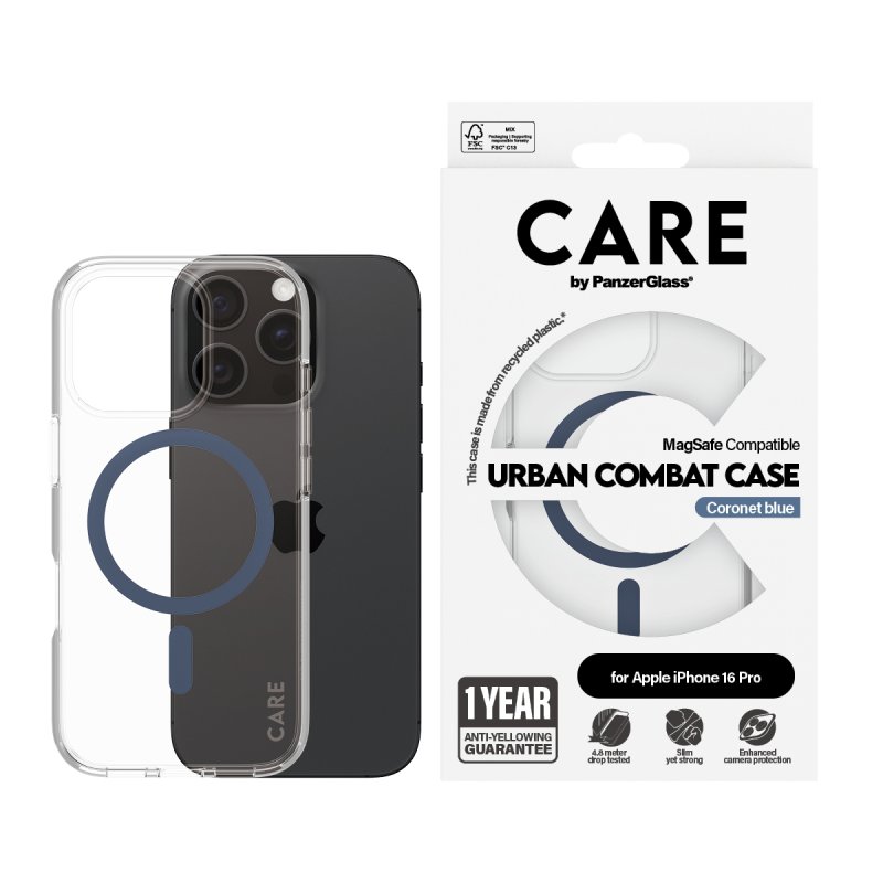 PanzerGlass CARE by Flagship Case Transparent Urban Combat w. Blue MagSafe iPhone 16 Pro coque de protection pour
