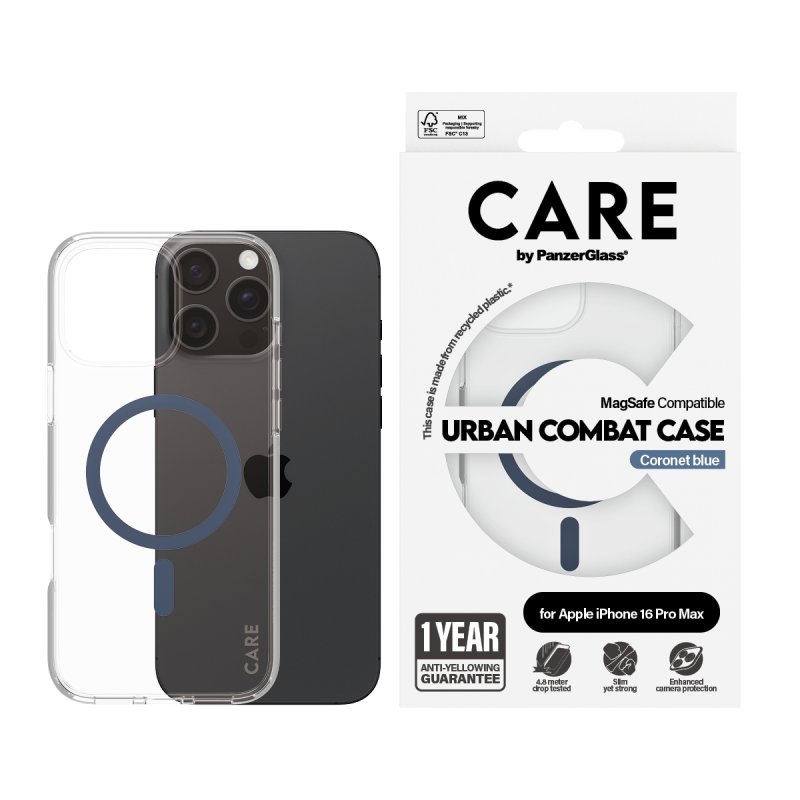 PanzerGlass CARE by Flagship Case Transparent Urban Combat w. Blue MagSafe iPhone 16 Pro Max