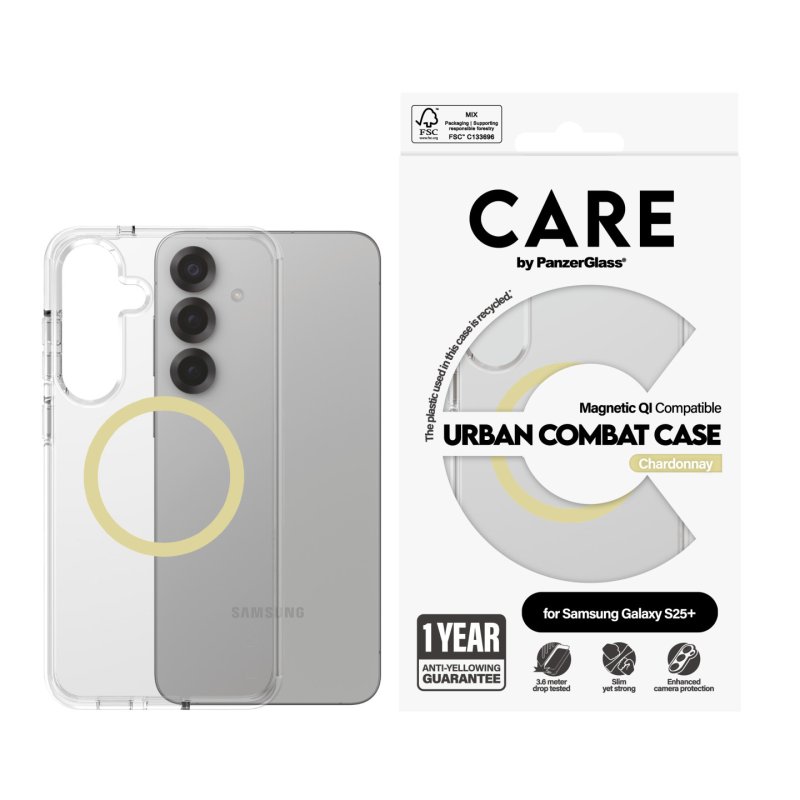 PanzerGlass CARE by Flagship Case Transparent Urban Combat w. Chardonnay Qi Compatible Samsung Galaxy S25 