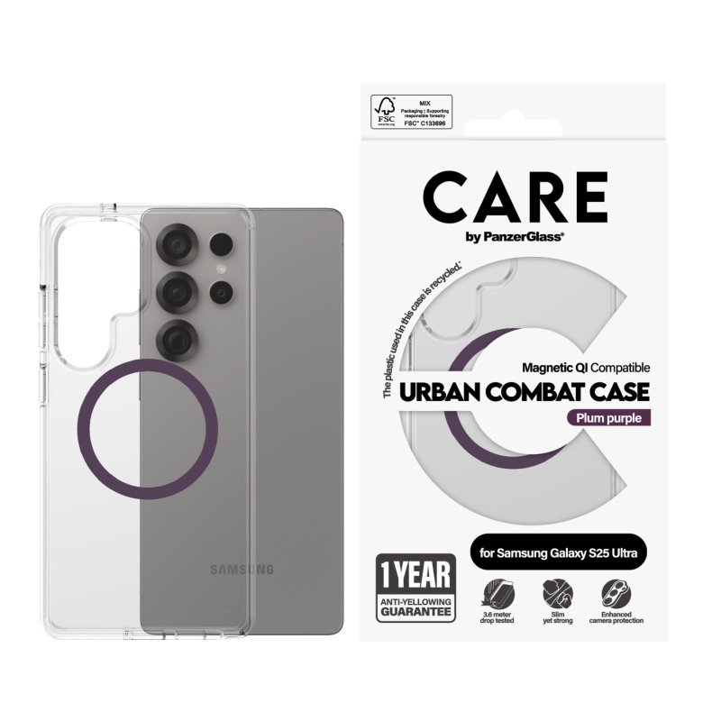 PanzerGlass CARE by Flagship Case Transparent Urban Combat w. Plum Purple Qi Compatible Samsung Galaxy S25 Ultra