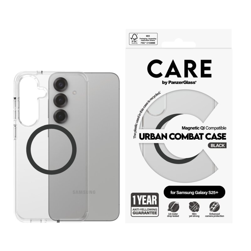 PanzerGlass CARE by Flagship Case Transparent Urban Combat w. Black Qi Compatible Samsung Galaxy S25 