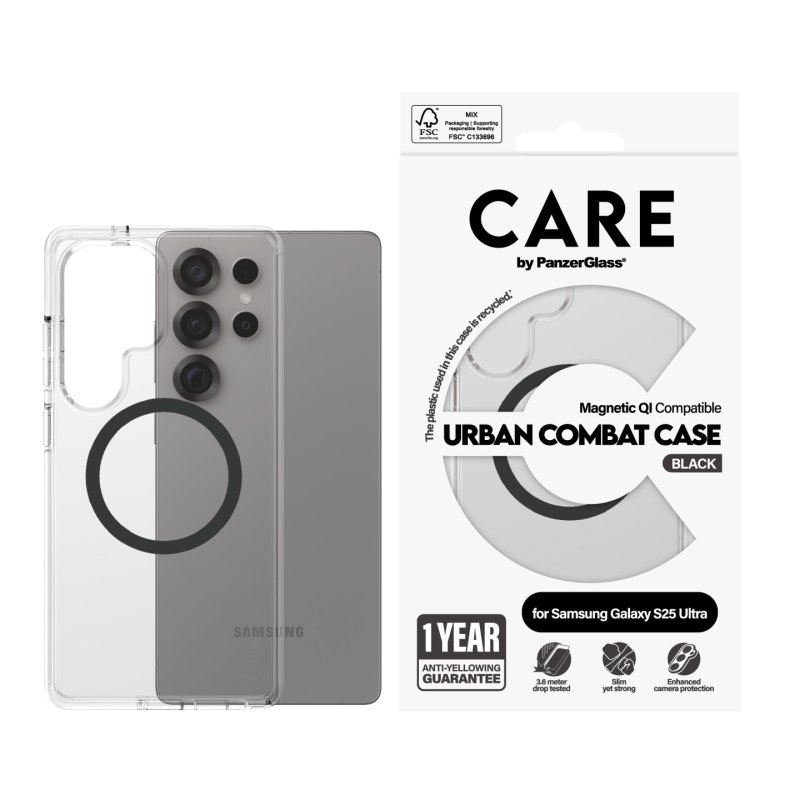 PanzerGlass CARE by Flagship Case Transparent Urban Combat w. Black Qi Compatible Samsung Galaxy S25 Ultra
