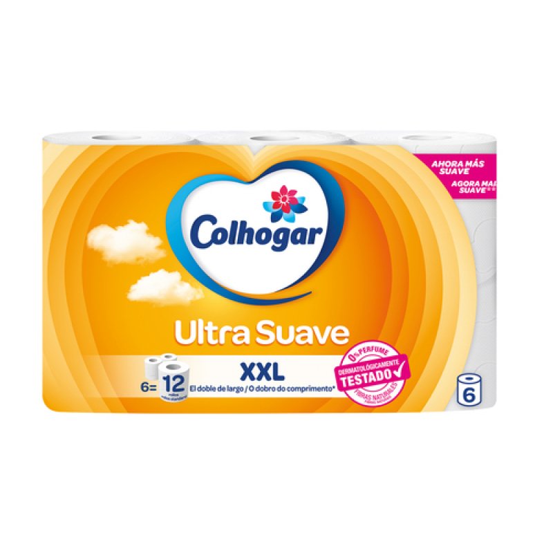 Colhogar Ultra Soft XXL Soft Toilet Paper 6 Extra Large Rolls 2 Ply Bath Paper 100% Perfume Free White
