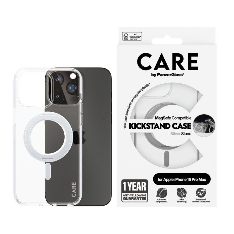 PanzerGlass CARE by Feature Case Transparent w. Silver Kickstand & MagSafe iPhone 15 Pro Max coque de protection pour