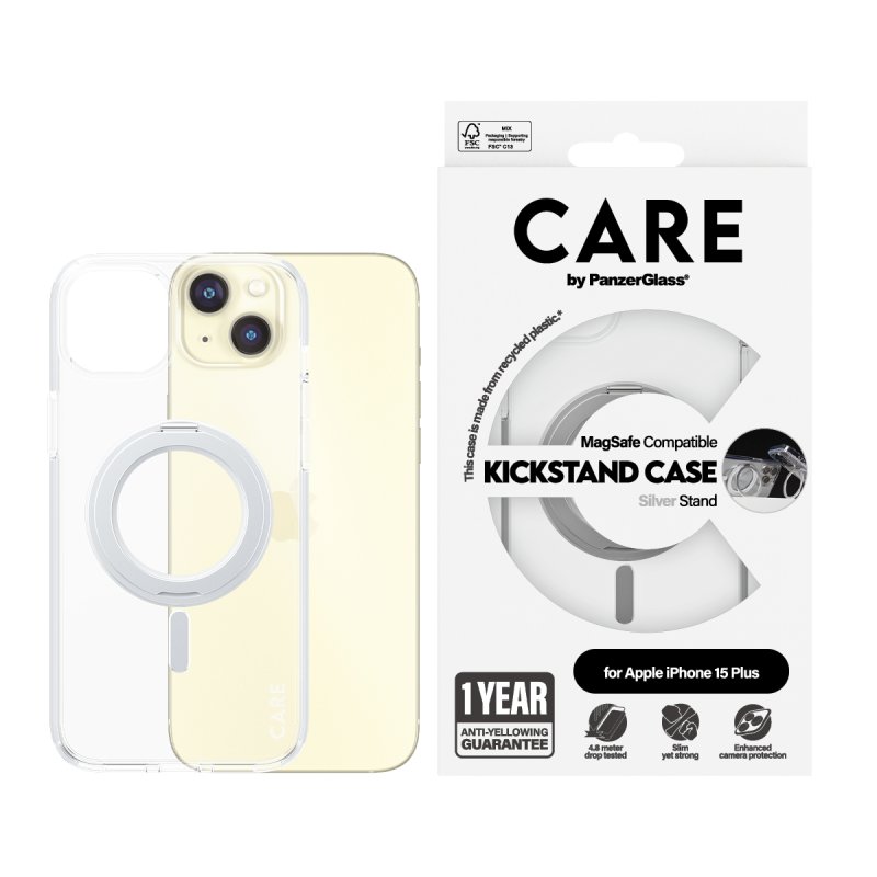 PanzerGlass CARE by Feature Case Transparent w. Silver Kickstand & MagSafe iPhone 15 Plus coque de protection pour