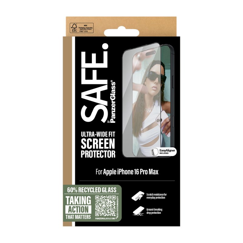 PanzerGlass SAFE. by Screen Protection w. Black Frame iPhone 16 Pro Max | Ultra-Wide Fit Protection d'écran